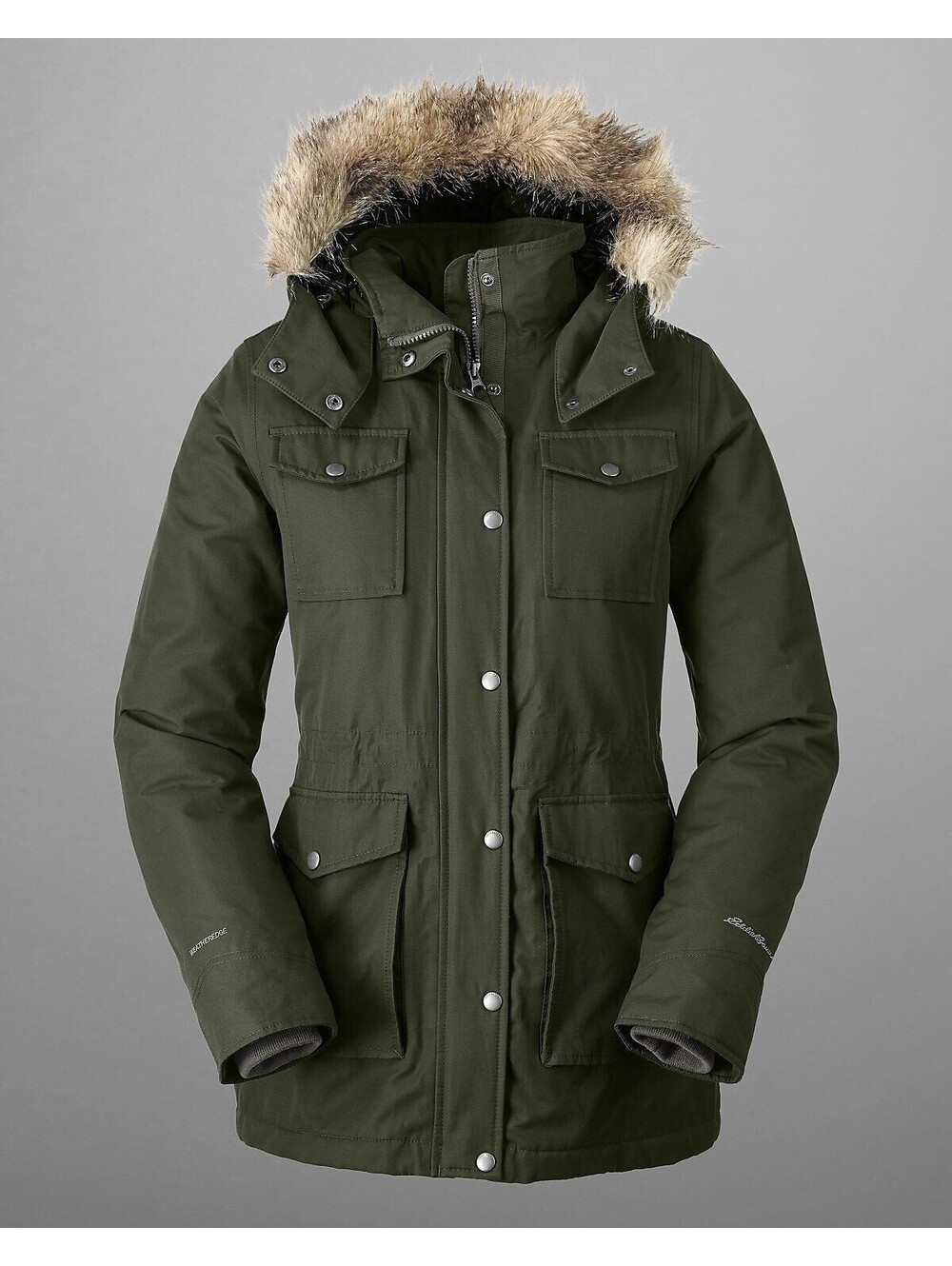 Eddie Bauer Westbridge Parka Winter Jacket Hooded Fur Green Military Women Small